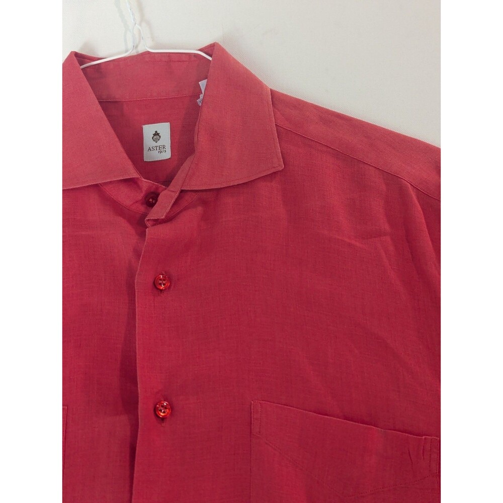 Aster 1973 Mens Dress Shirt 41 16  solid Coral Button Down‎ Linen made in Italy